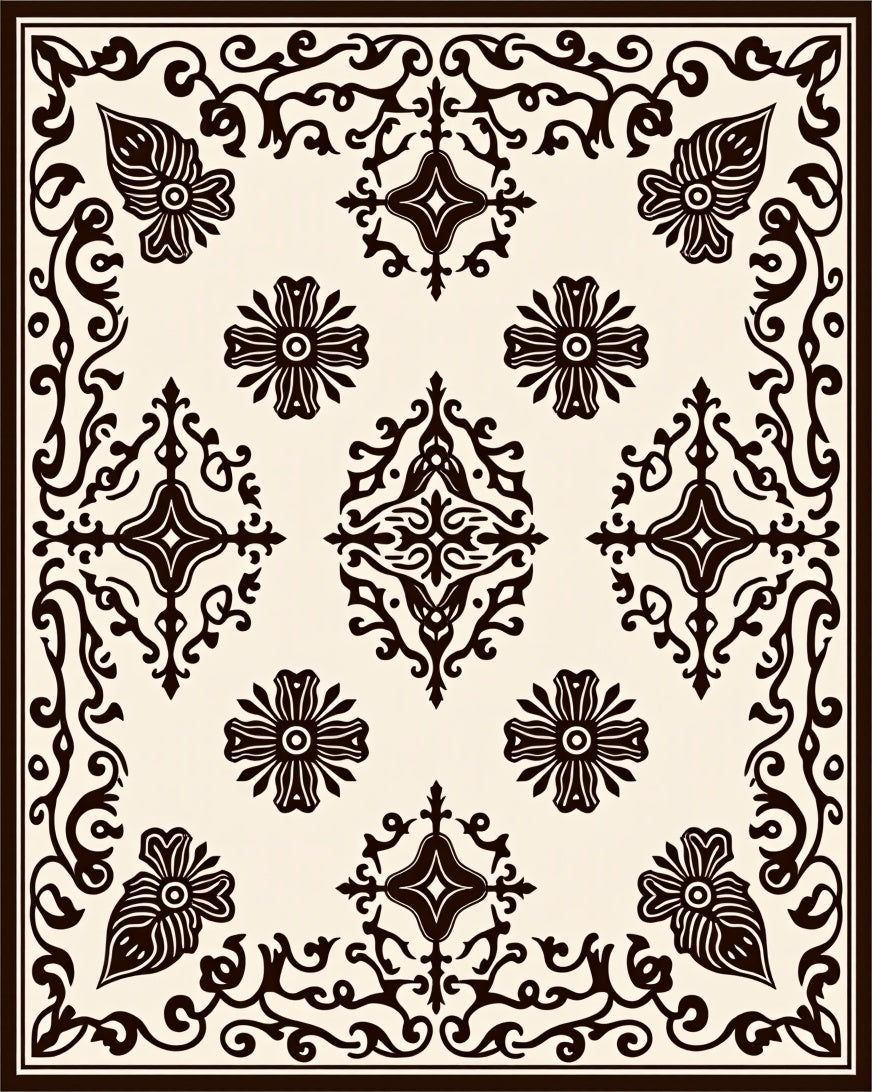 Dark Sepia Floral Medallion Scrollwork Rug