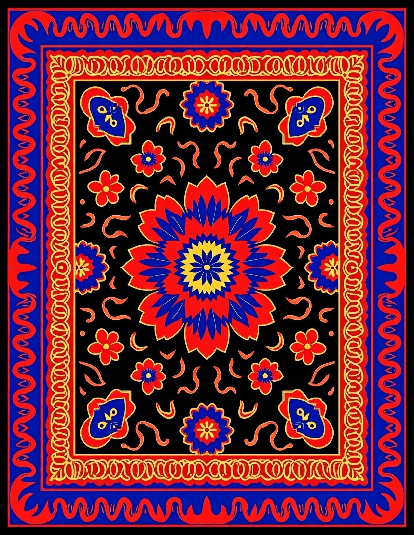 Bold Red Blue Floral Mandala Rug