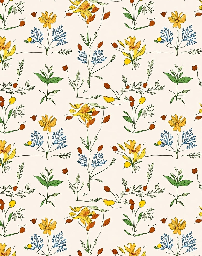 Delicate Yellow Blue Botanical Garden Sketch Rug