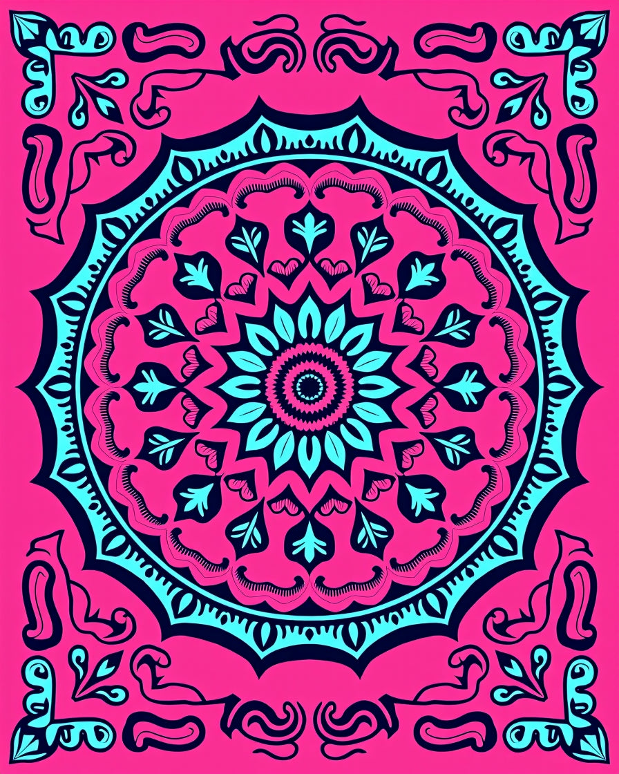 Vibrant Pink Teal Mandala Floral Rug