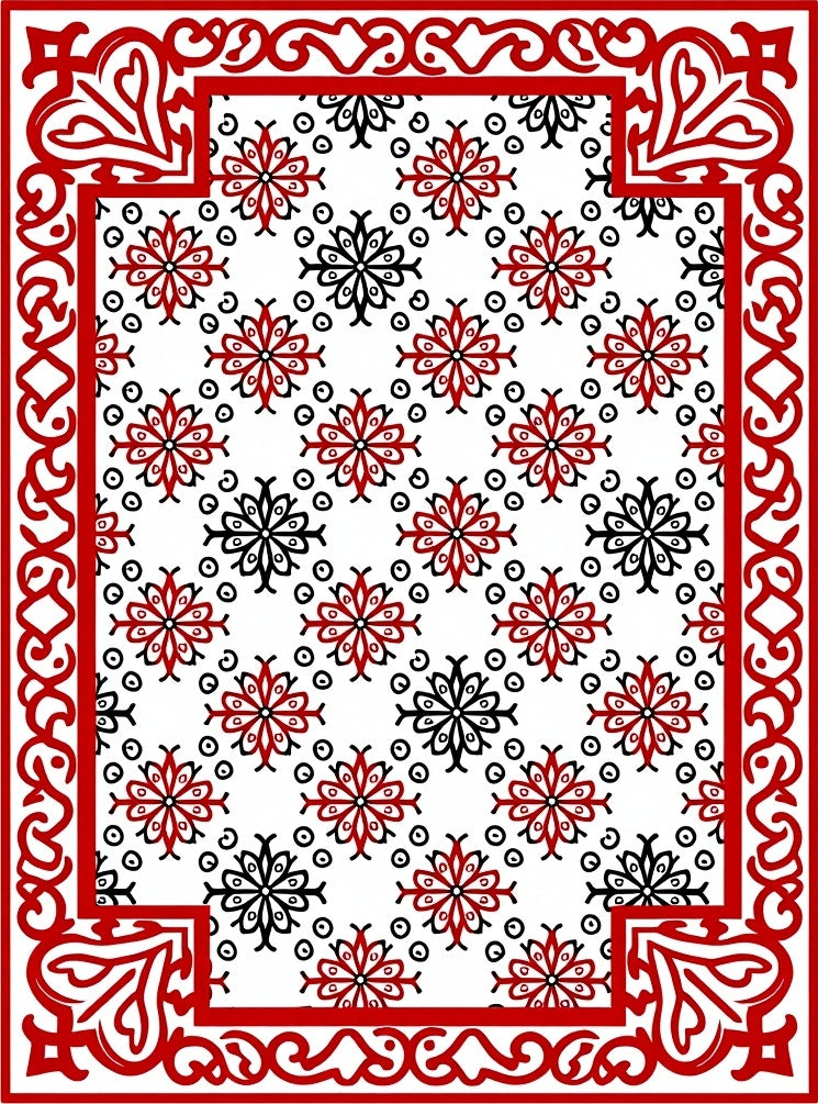 Red Black Floral Medallion Border Rug