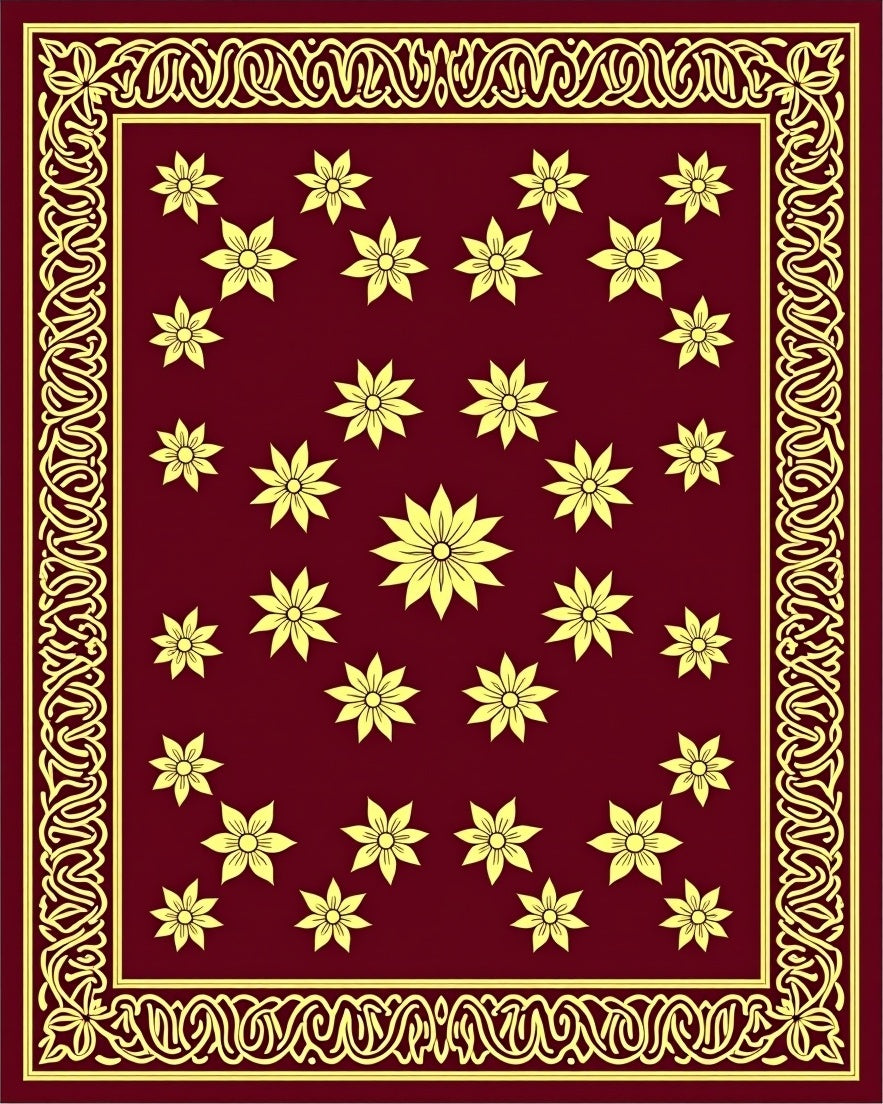 Maroon Golden Floral Medallion Borders Rug