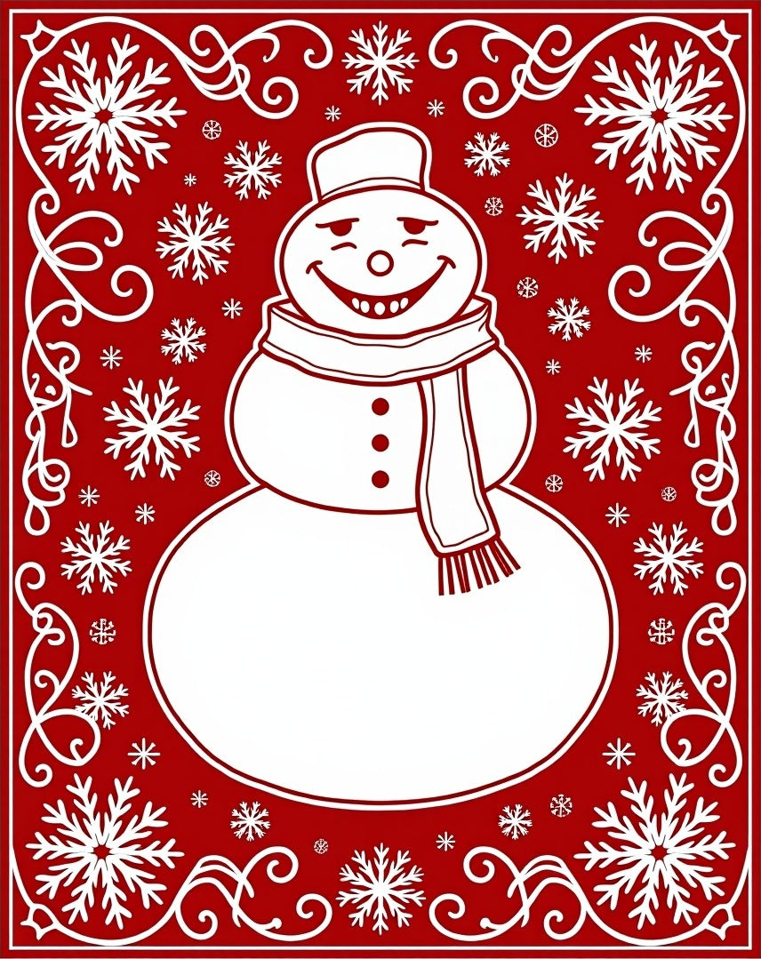 Cheerful Red Snowman Snowflake Border Rug