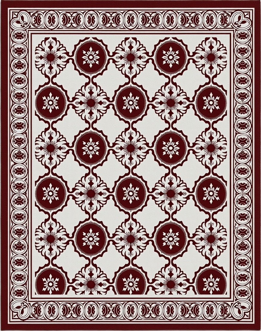 Regal Crimson Floral Geometric Border Rug