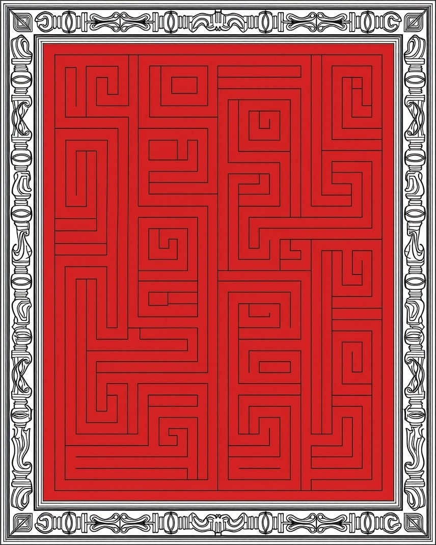 Crimson Maze Bordered Square Rug