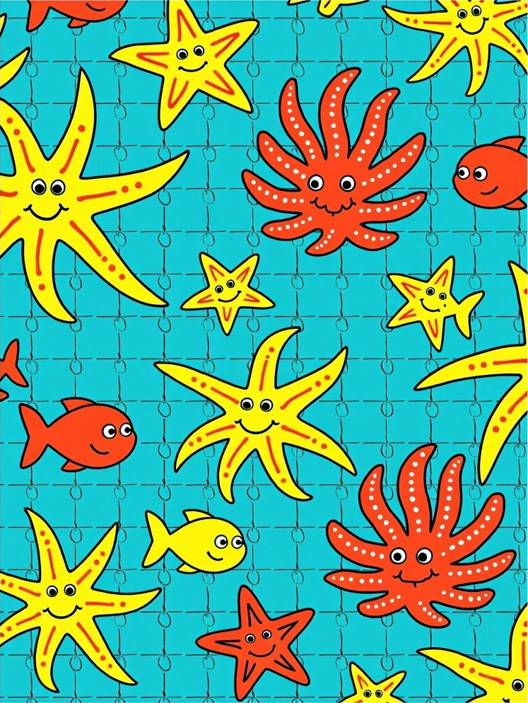 Playful Yellow Starfish Red Octopi Teal Rug