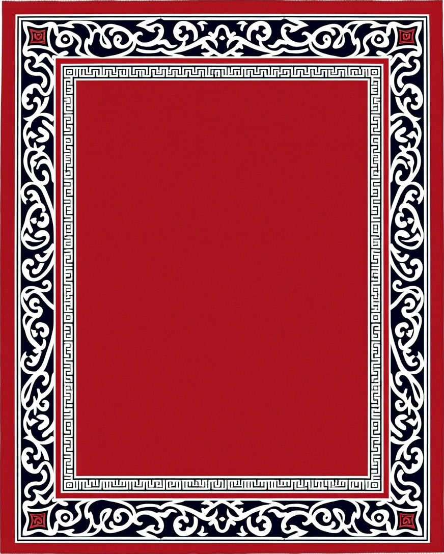 Crimson Red Black White Scroll Border Rug