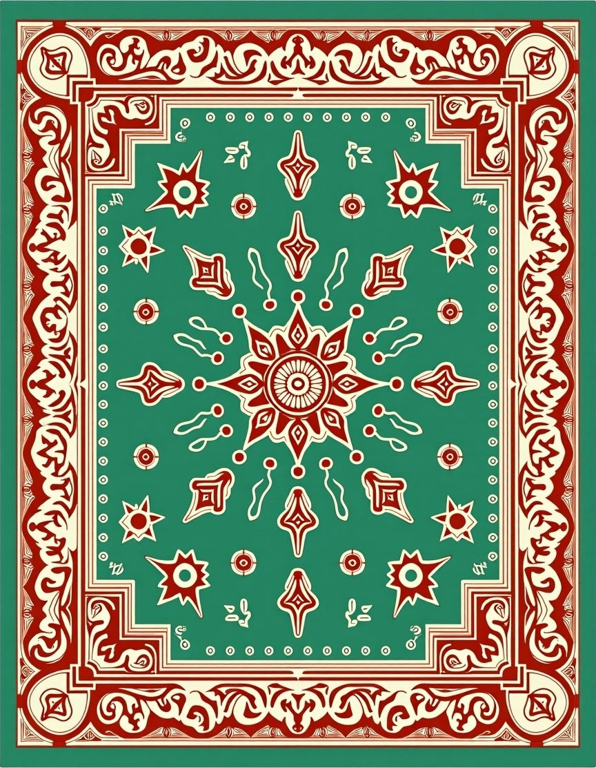 Red White Teal Ornamental Medallion Rug