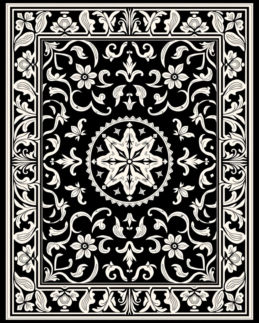 Black Ivory Ornate Floral Medallion Rug