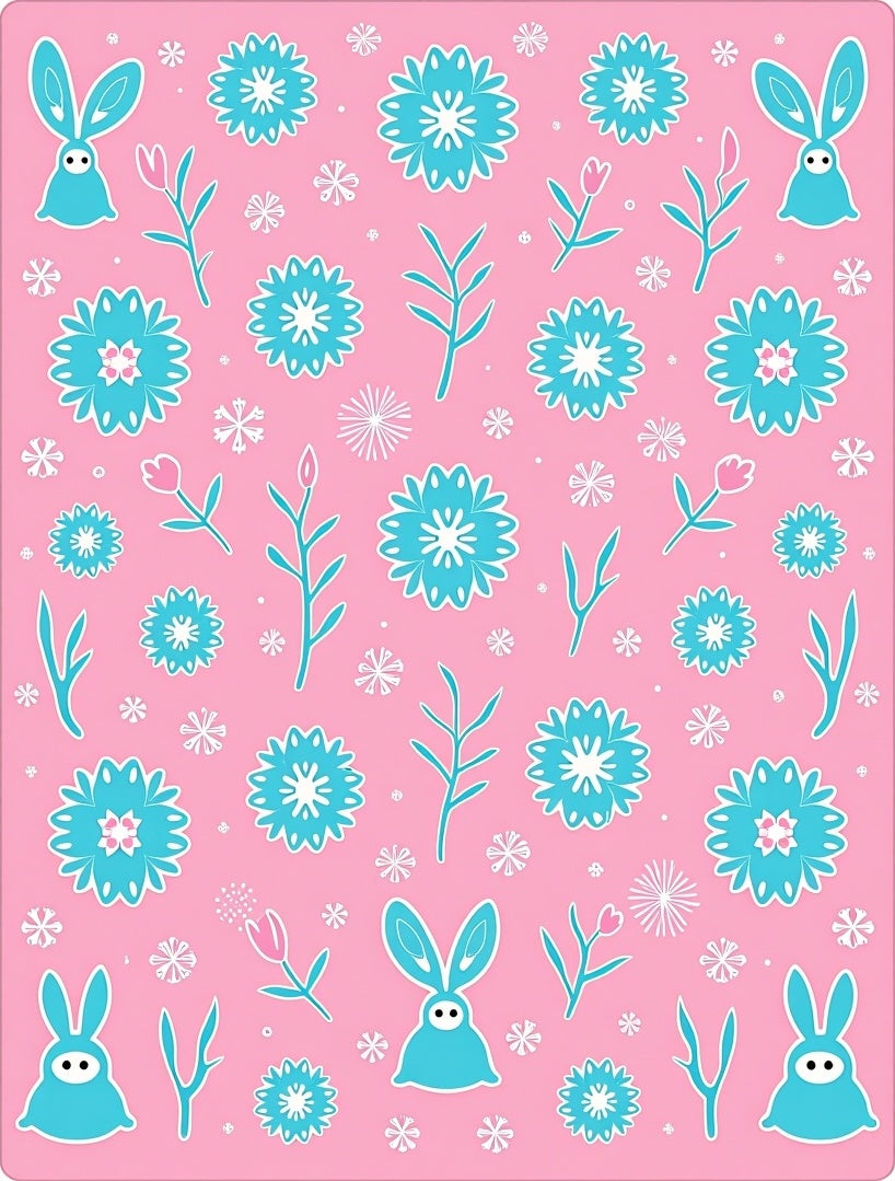 Pink Turquoise Whimsical Bunnies Floral Meadow Rug