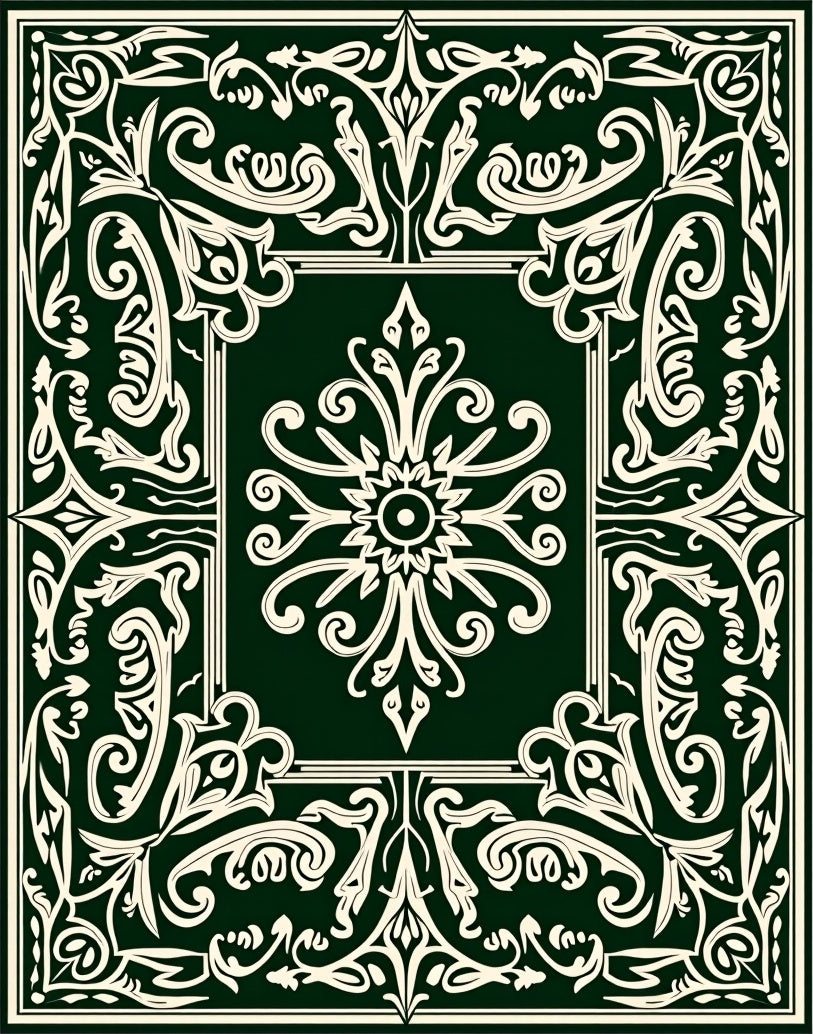 Dark Green Ivory Scrollwork Floral Rug