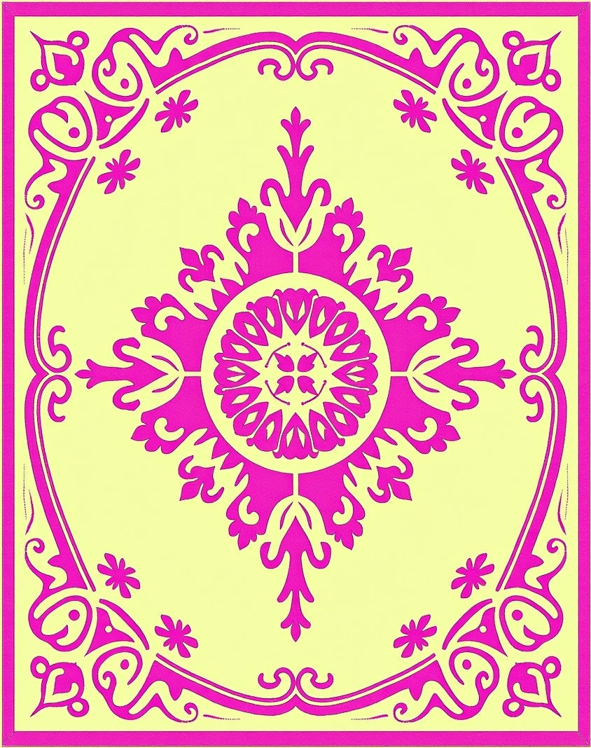 Bright Yellow Pink Floral Medallion Accent Rug