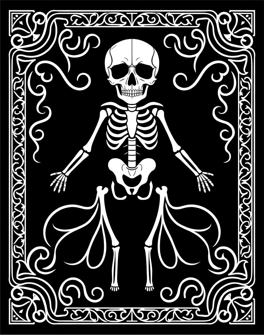 Ornate Black White Skeleton Border Rug