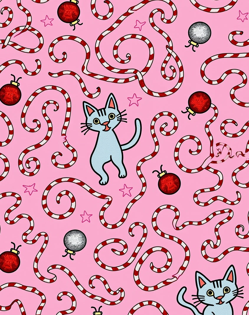 Playful Pink Kitten Candy Cane Ornament Rug