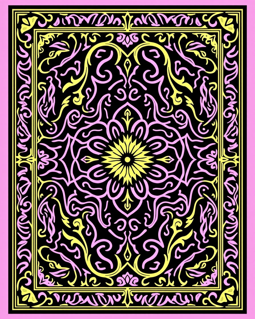 Pink Yellow Black Floral Medallion Rug