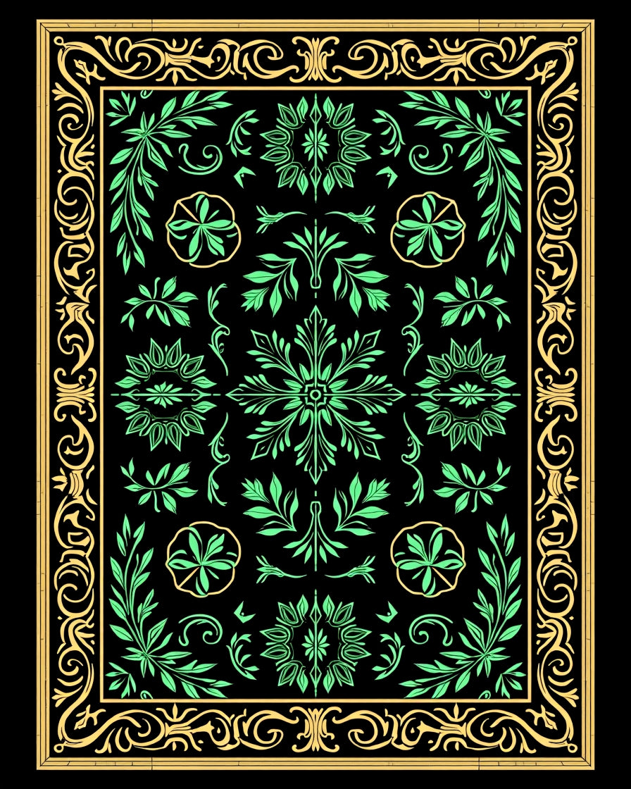 Ornate Black Gold Green Floral Rug