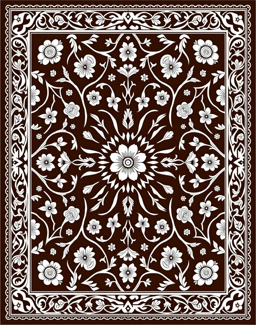 Dark Brown White Floral Medallion Scroll Rug