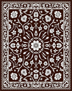 Dark Brown White Floral Medallion Scroll Rug