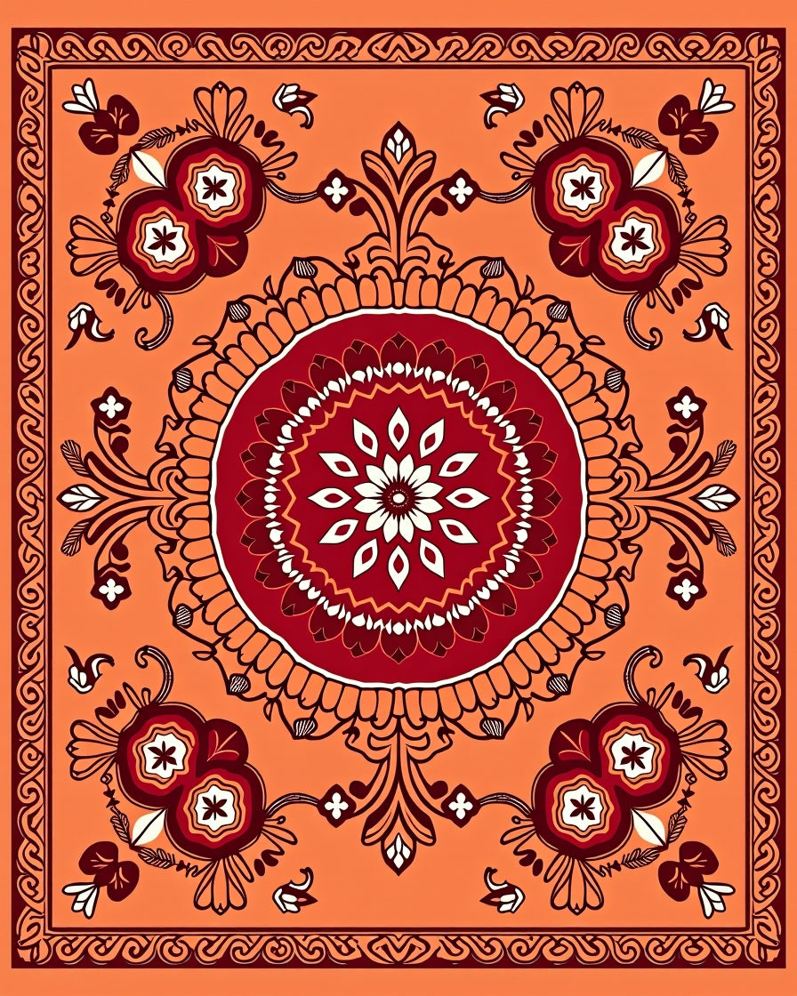Vibrant Orange Red Floral Medallion Rug
