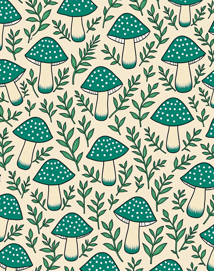 Teal Mushroom Leafy Woods Background Rug