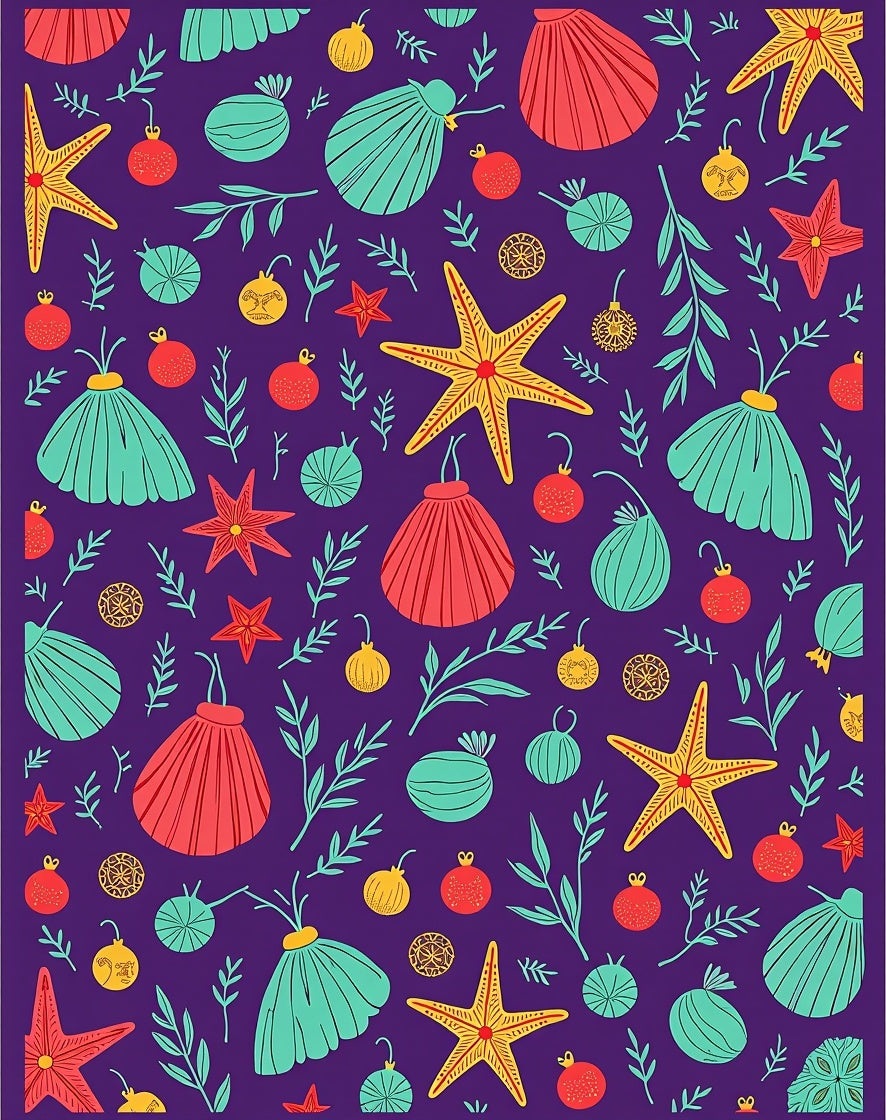 Purple Whimsical Starfish Shells Ornaments Rug