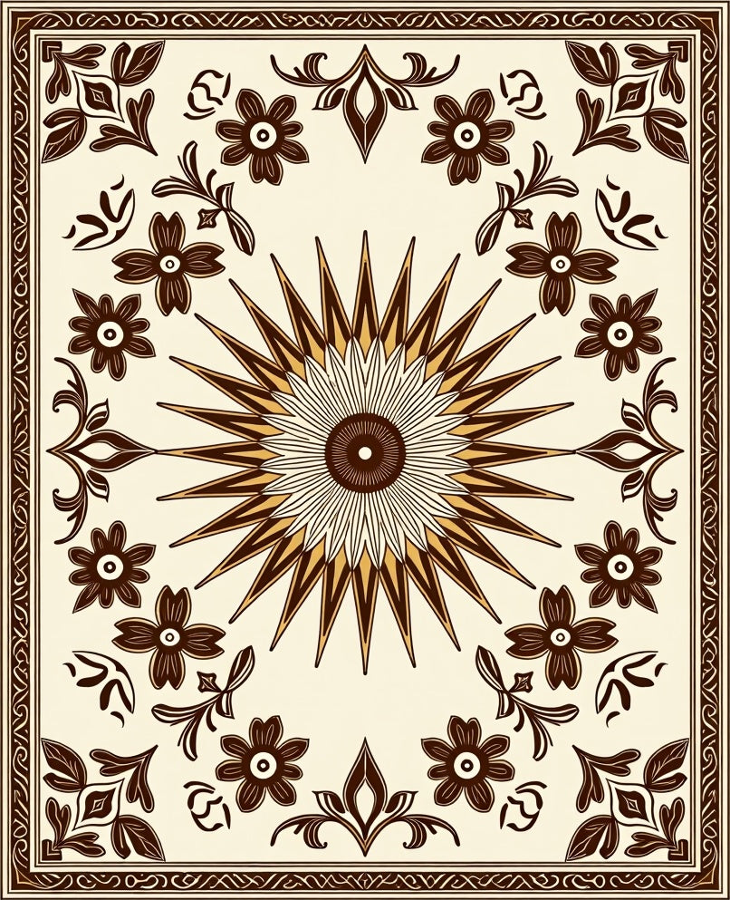Cream and Brown Floral Sunburst Rug