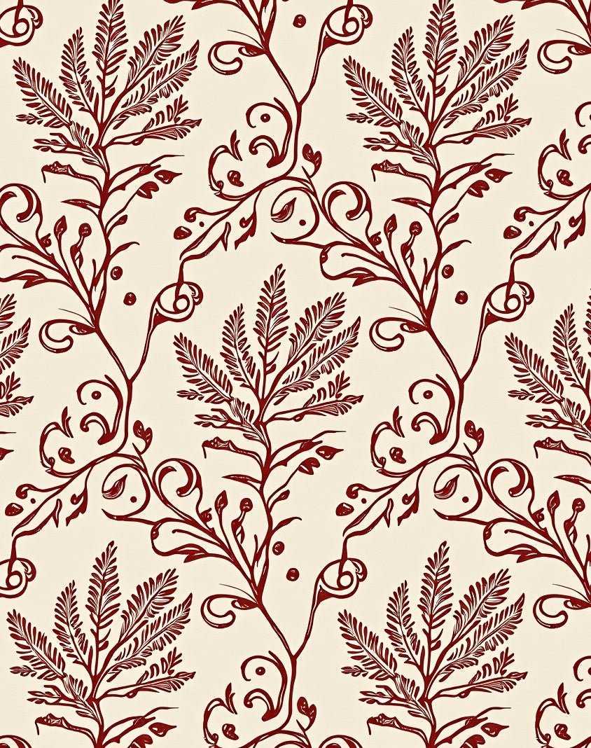Deep Red Botanical Vine Scroll Rug