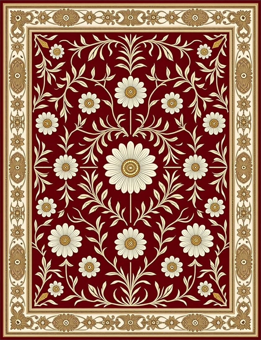 Rich Burgundy Daisy Vine Border Rug