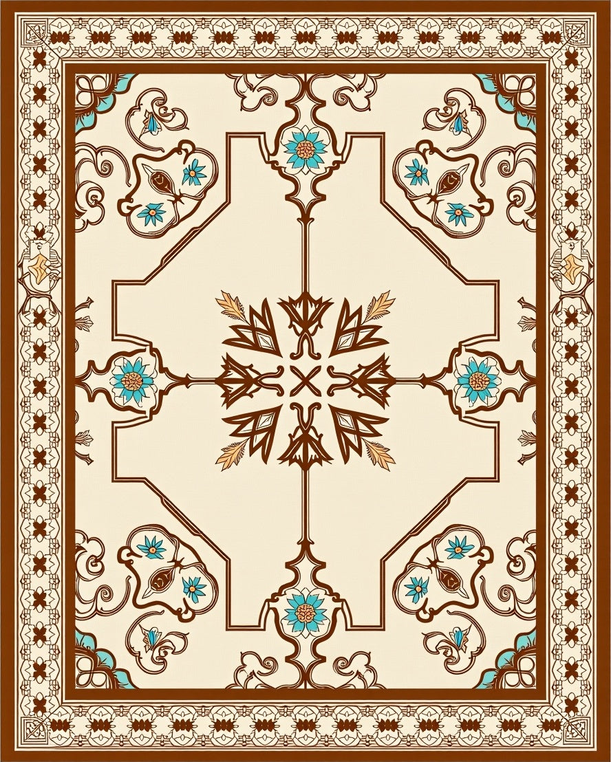 Cream Ornamental Brown Floral Medallion Rug