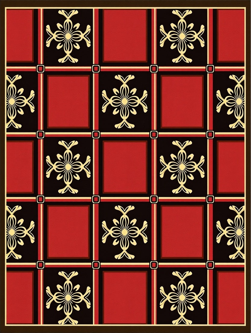 Geometric Red Black Golden Floral Squares Rug