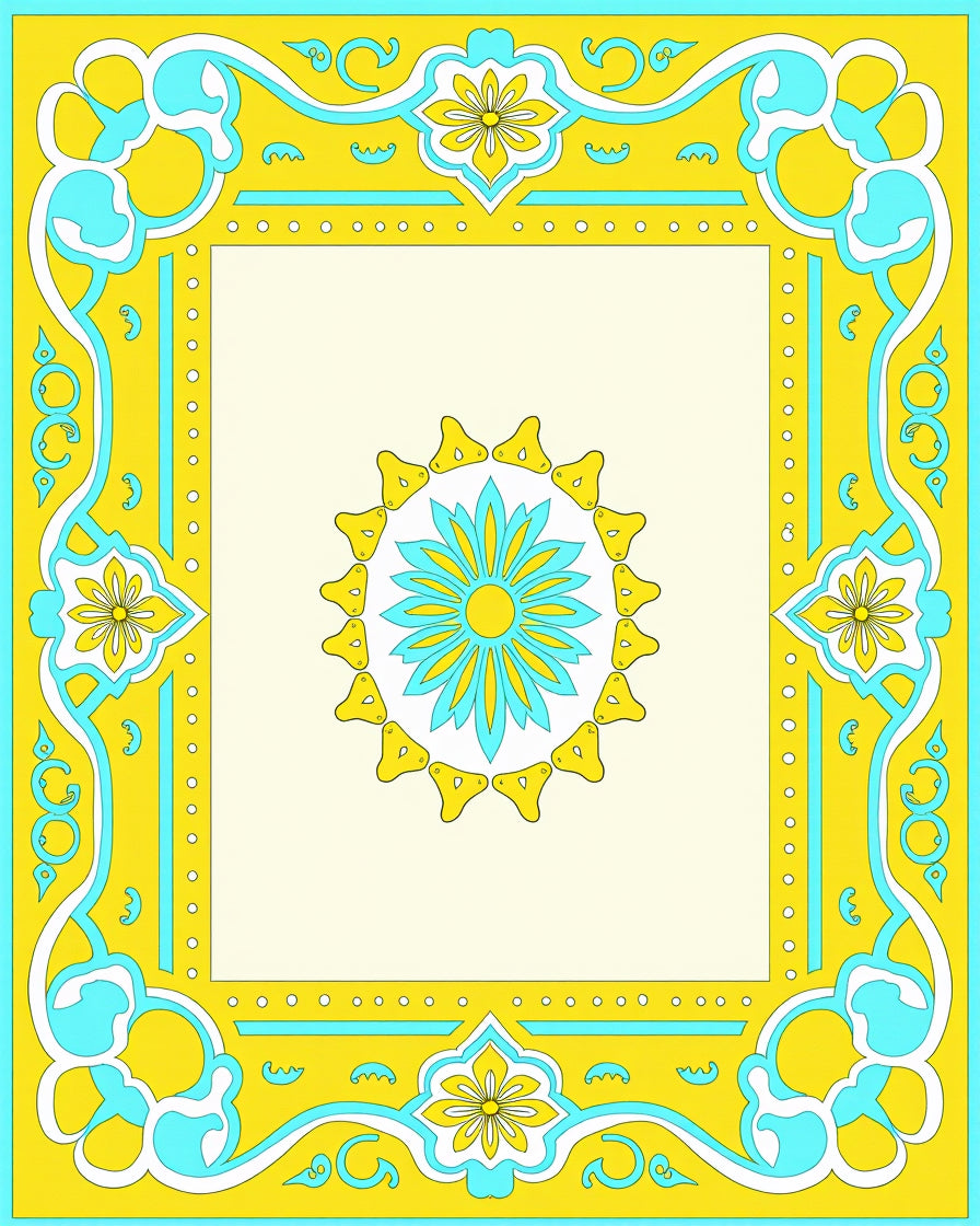 Yellow Aqua Sunburst Border Rug