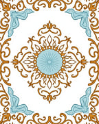 Ornate Blue Gold Scrollwork Tile Rug