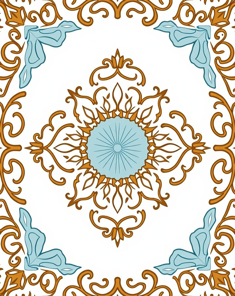 Ornate Blue Gold Scrollwork Tile Rug