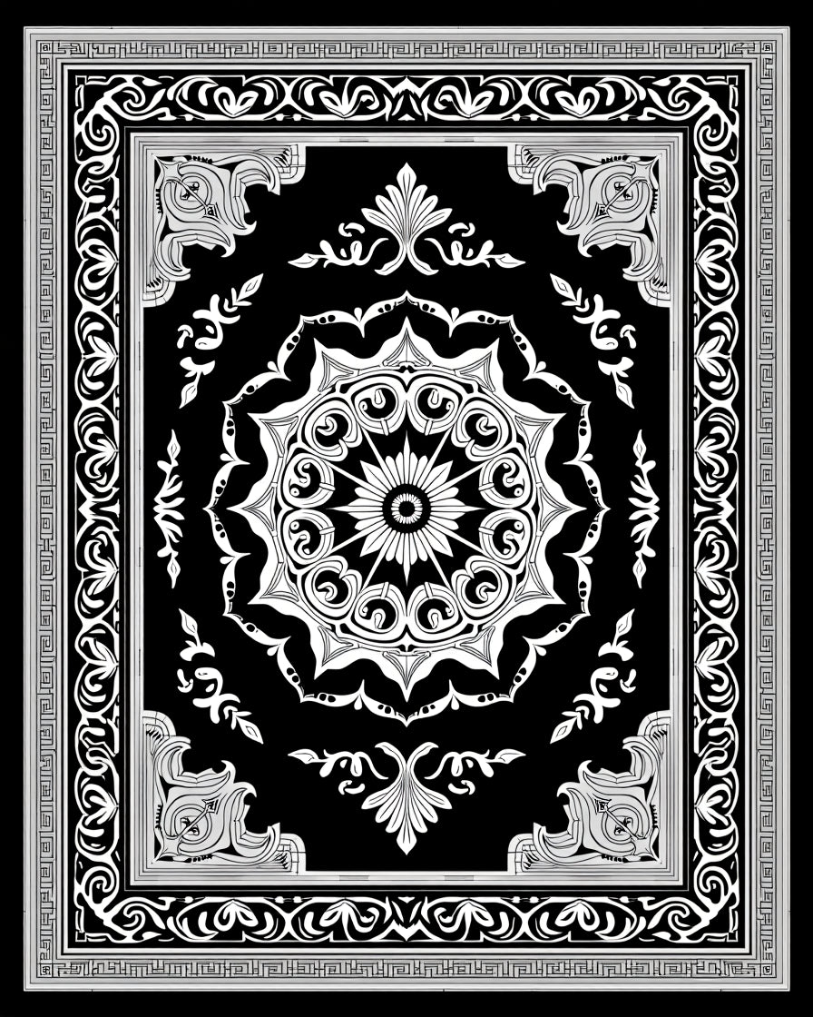Ornate Black and White Medallion Border Rug