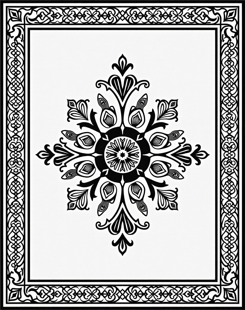 Monochromatic Black Inlaid Floral Medallion Rug