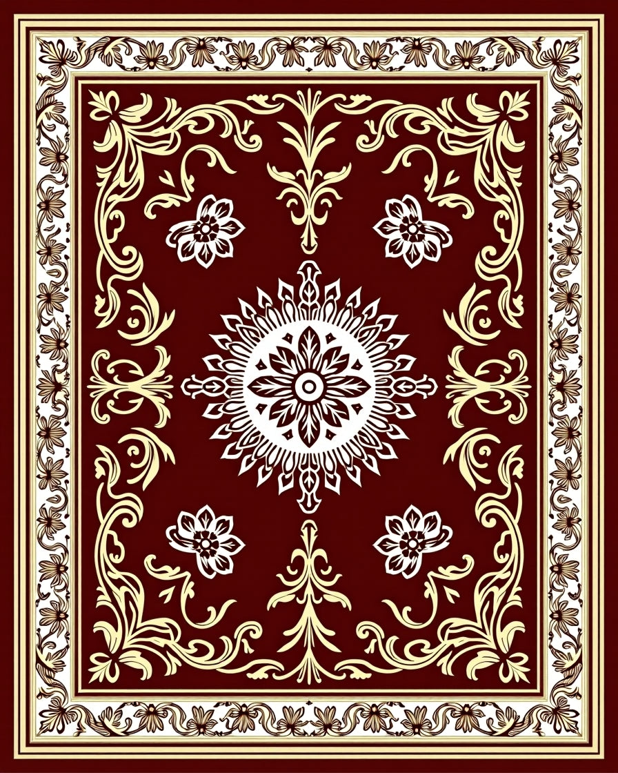 Crimson Floral Medallion Scrollwork Rug