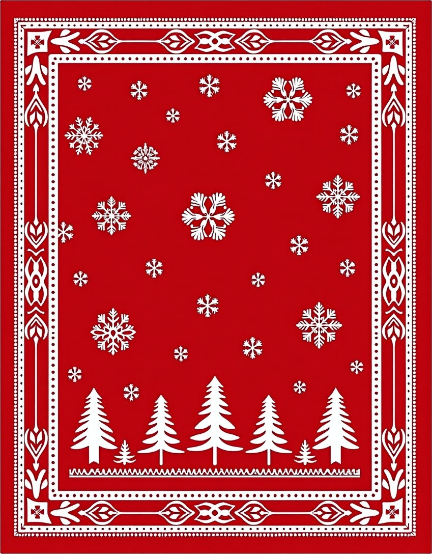 Classic Red Snowflake Forest Border Rug