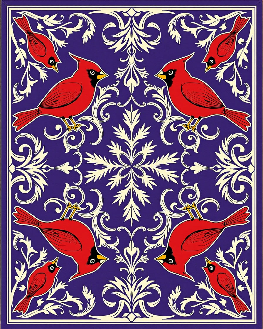 Crimson Cardinals Blue Floral Scroll Rug