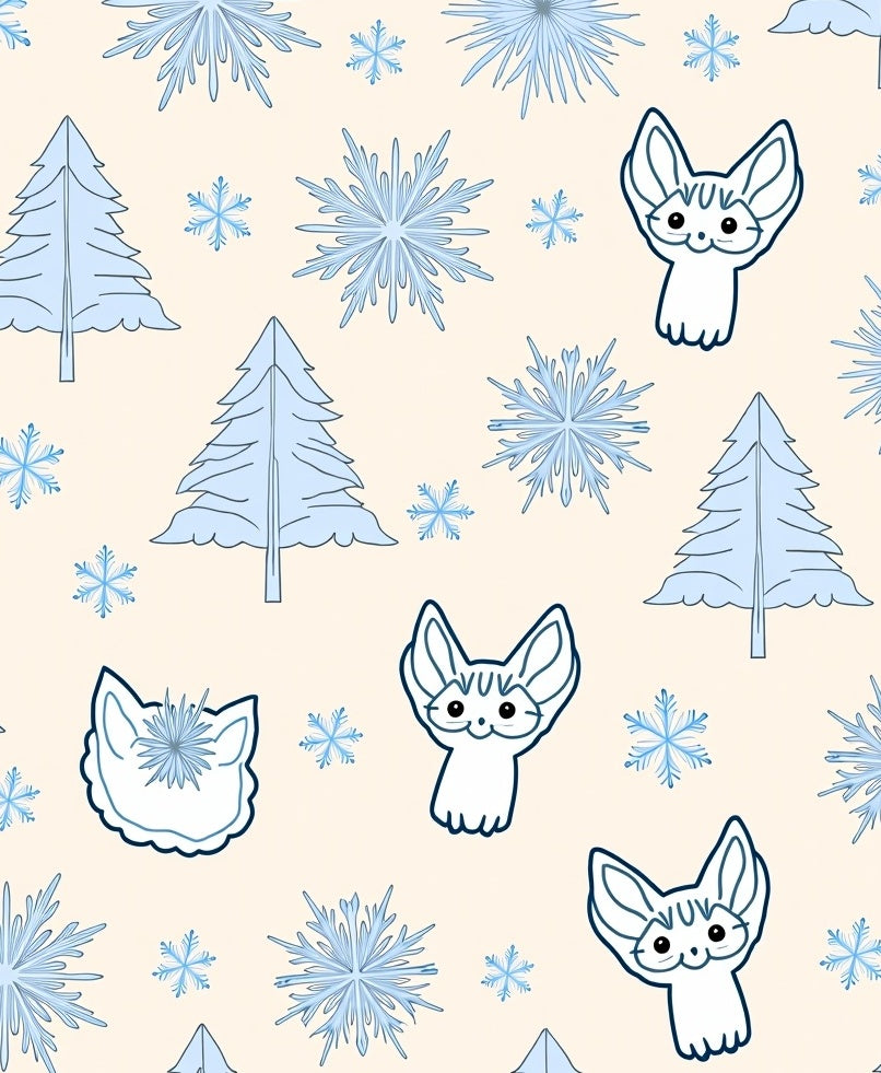 Whimsical Blue Fennec Trees Snowflakes Rug