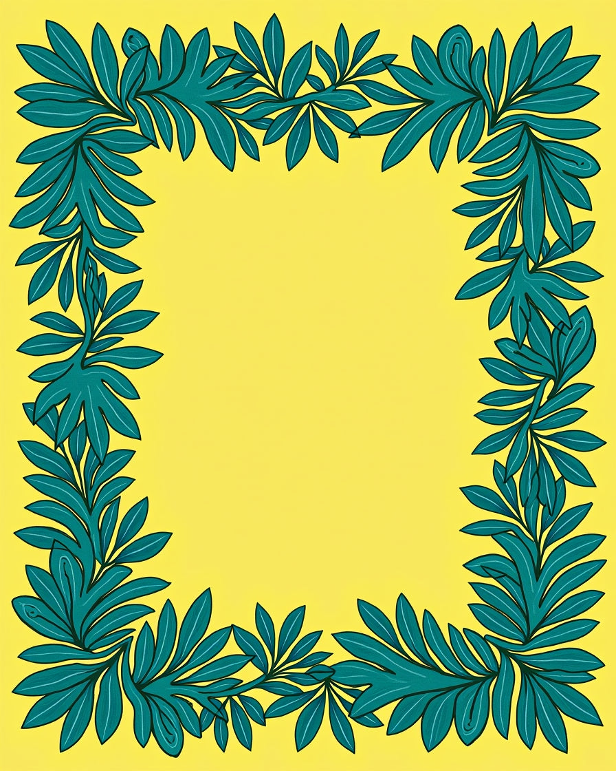 Teal Leaf Border Yellow Oval Rug