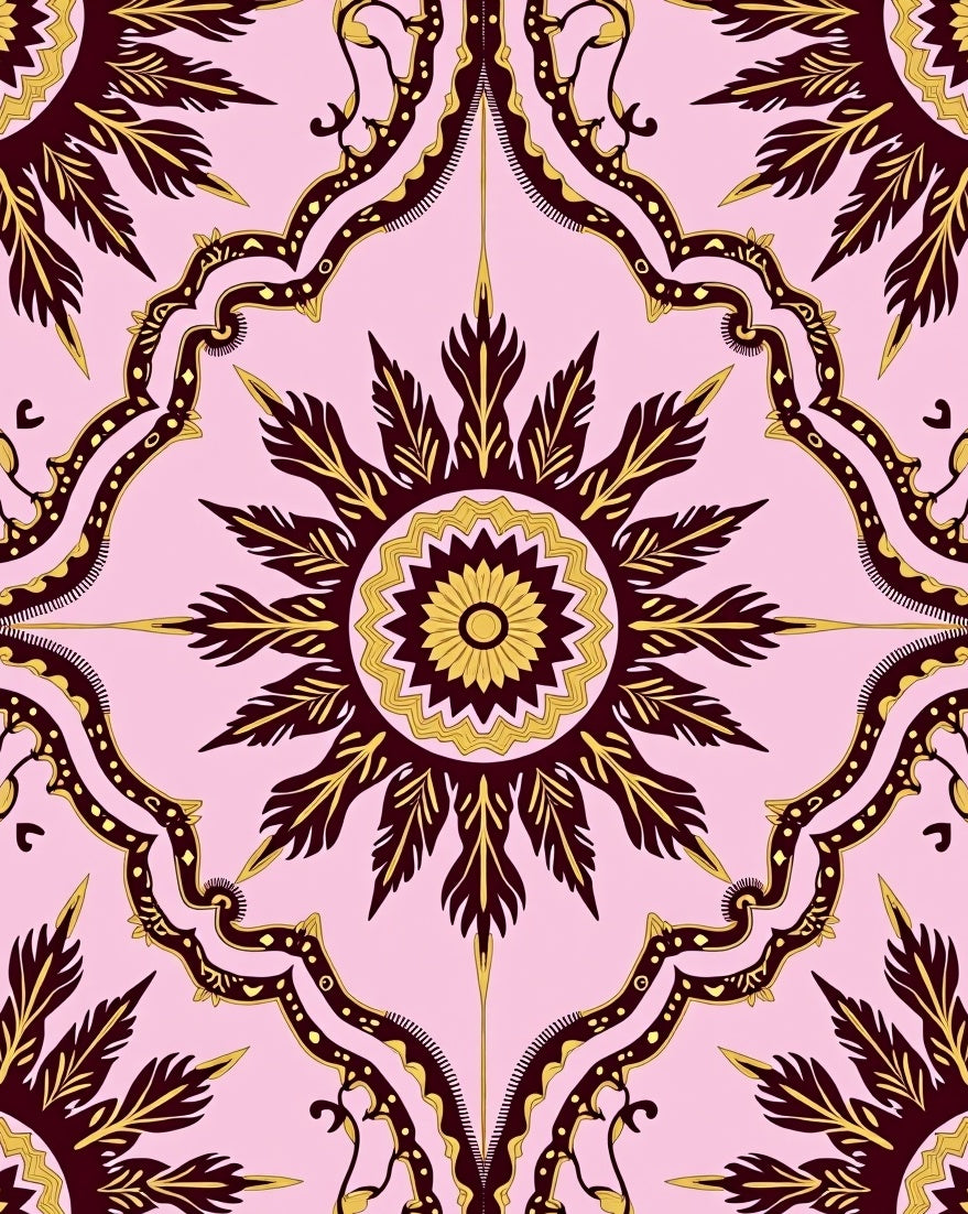 Pink Burgundy Sunburst Scroll Rug