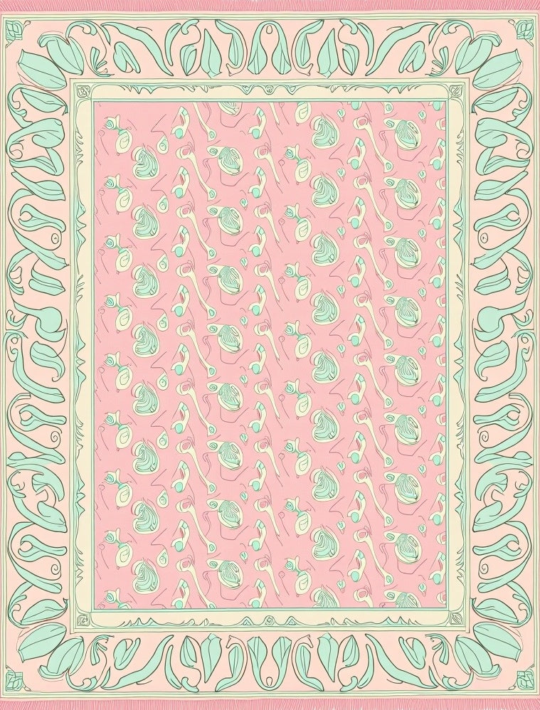 Pale Pink Mint Green Floral Border Rug
