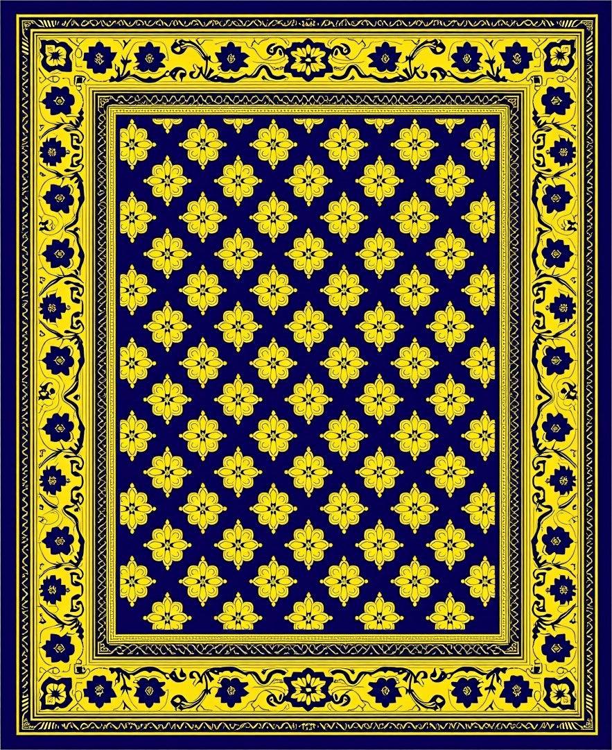 Deep Blue Yellow Floral Medallion Rug