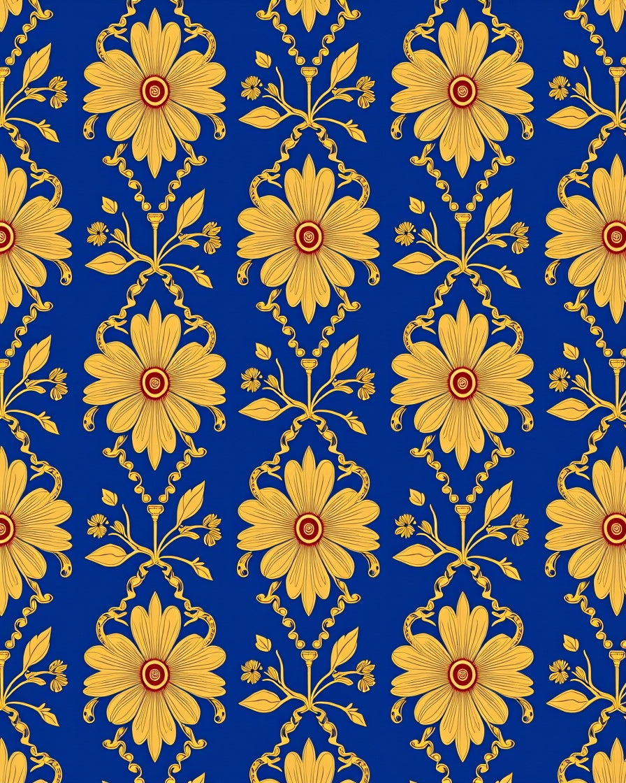 Royal Blue Yellow Floral Damask Rug