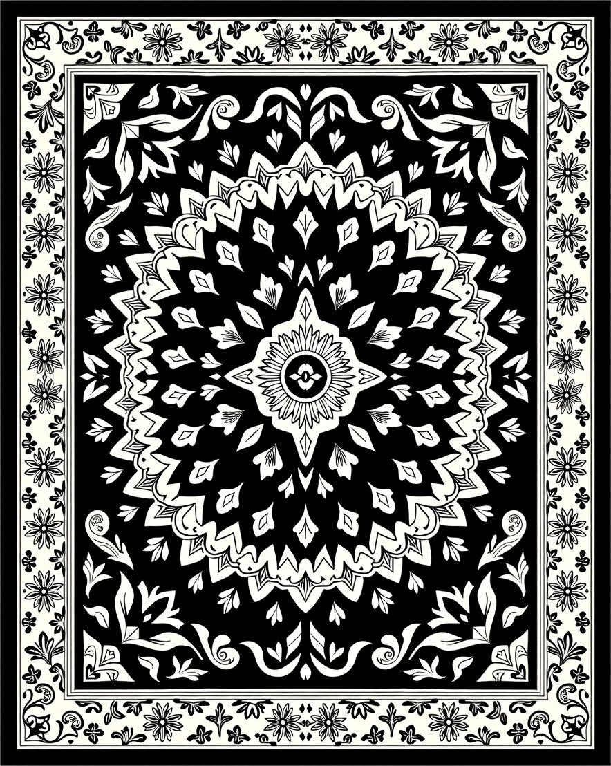 Black White Floral Medallion Border Rug
