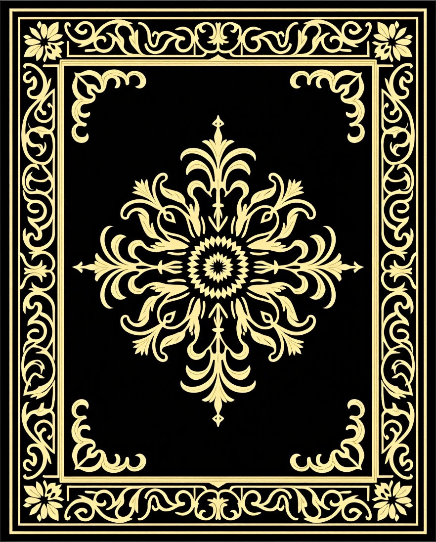 Elegant Gold Floral Scrollwork On Black Rug