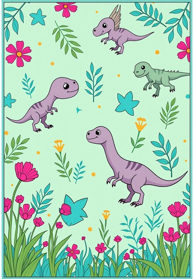 Kawaii Purple Dinosaurs Floral Garden Rug