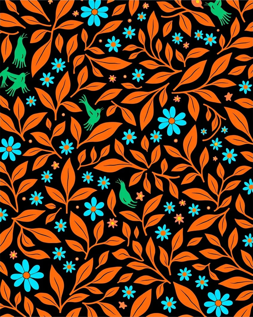 Orange Leaves Green Birds Blue Flowers Rug