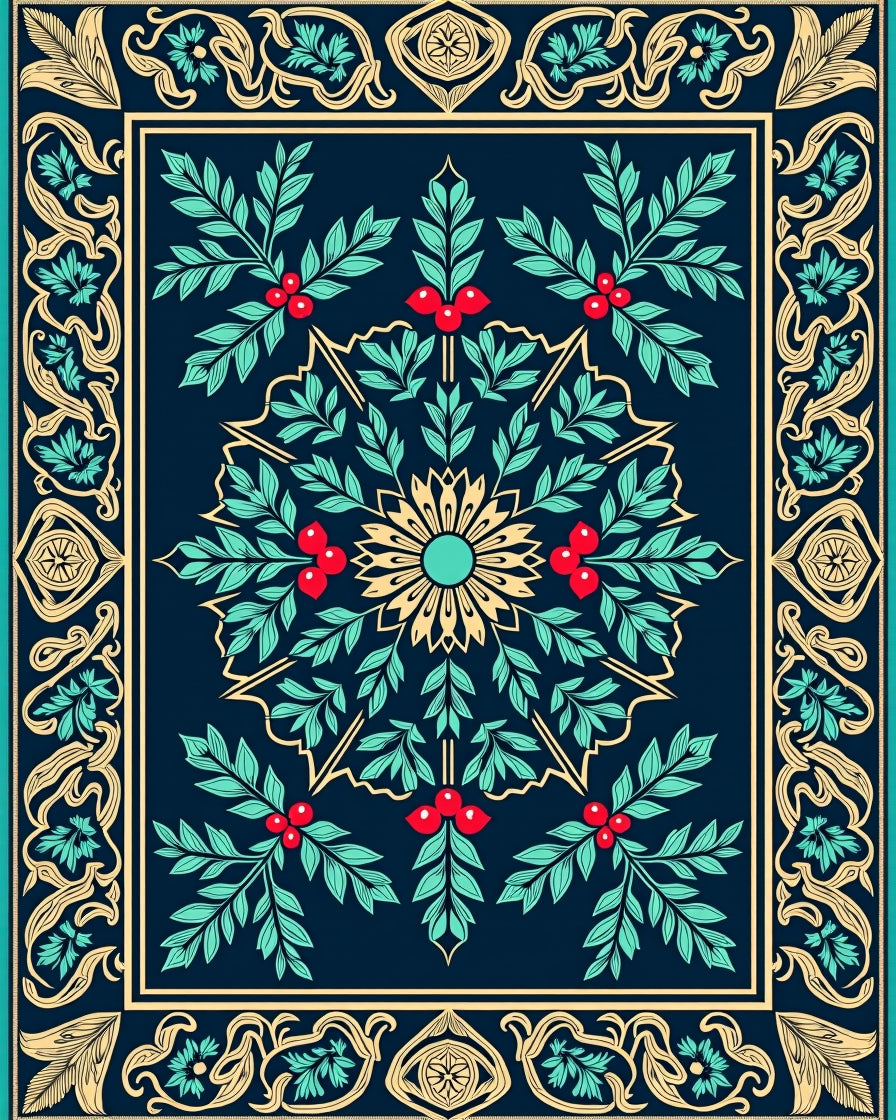 Deep Blue Leafy Floral Medallion Rug