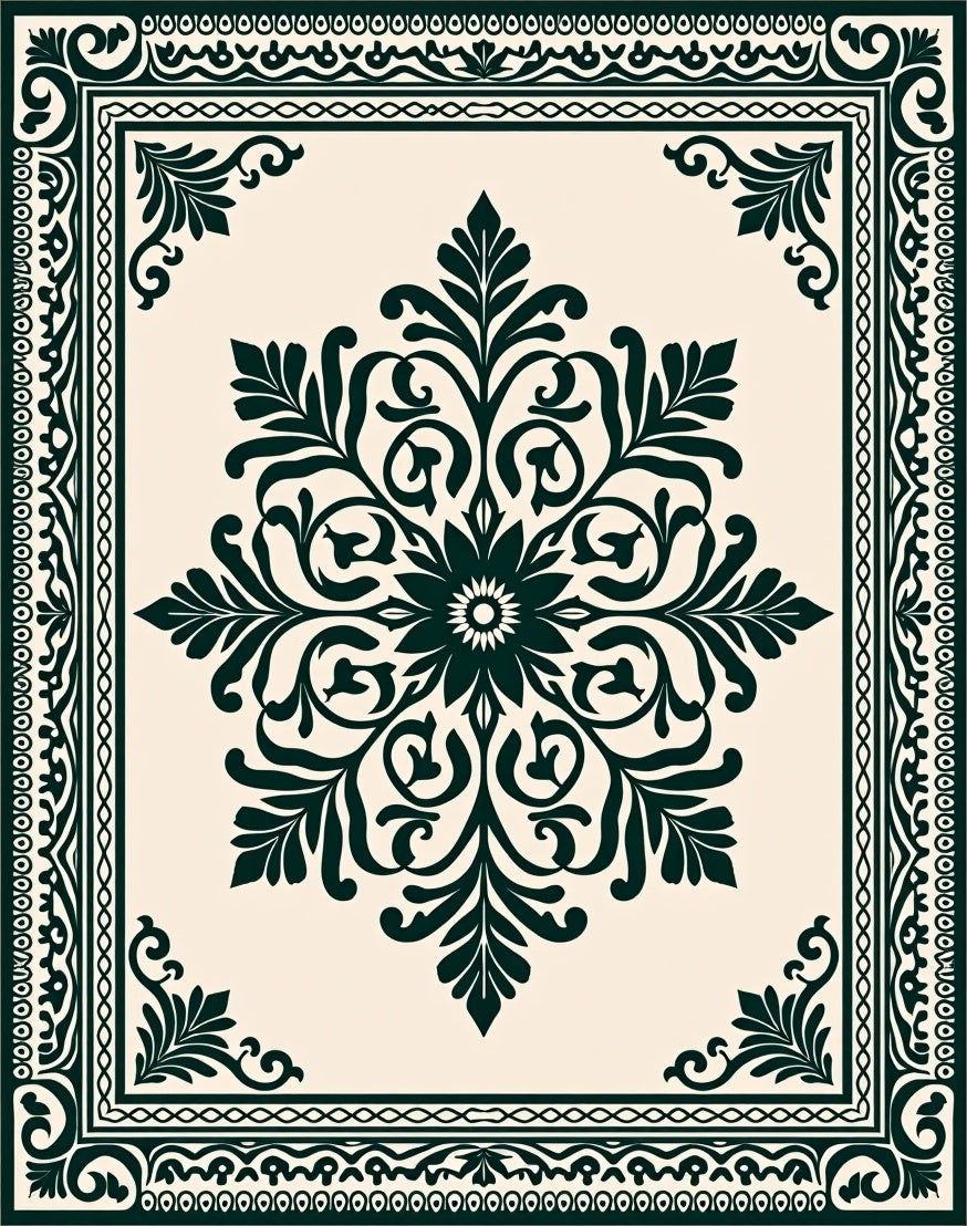 Dark Green Ivory Floral Medallion Rug